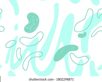 Seamless abstract doodle background pattern in bright summer positive colors. Hand-drawn abstract pattern with randomly arranged spots and dots and lines. Pencil and paint texture.