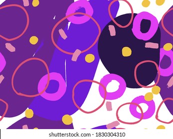Seamless abstract doodle background pattern in bright summer positive colors. Hand-drawn abstract pattern with randomly arranged spots and dots and lines. Pencil and paint texture.