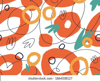Seamless abstract doodle background pattern in bright summer positive colors. Hand-drawn abstract pattern with randomly arranged spots and dots and lines. Pencil and paint texture.