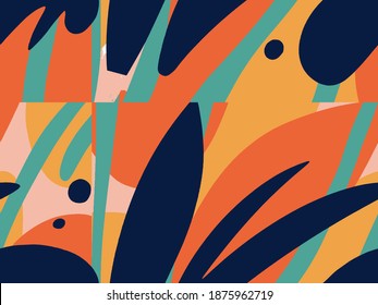 Seamless abstract doodle background pattern in bright summer positive colors. Hand-drawn abstract pattern with randomly arranged spots and dots and lines. Pencil and paint texture.