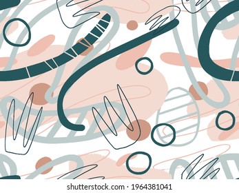 Seamless abstract doodle background pattern in bright summer positive colors. Hand-drawn abstract pattern with randomly arranged spots and dots and lines. Pencil and paint texture.