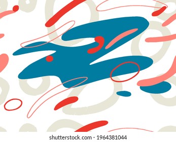 Seamless abstract doodle background pattern in bright summer positive colors. Hand-drawn abstract pattern with randomly arranged spots and dots and lines. Pencil and paint texture.