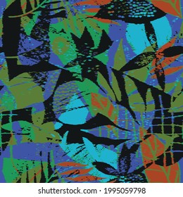 Seamless abstract doodle background pattern in bright summer positive colors. Hand-drawn abstract pattern with palm leaf, shapes, flowers lines. Pencil and paint texture.