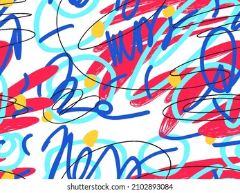 Seamless abstract doodle background pattern in bright summer positive colors. Hand-drawn abstract pattern with randomly arranged spots and dots and lines. Pencil and paint texture.