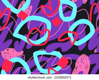 Seamless abstract doodle background pattern in bright summer positive colors. Hand-drawn abstract pattern with randomly arranged spots and dots and lines. Pencil and paint texture.