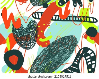 Seamless abstract doodle background pattern in bright summer positive colors. Hand-drawn abstract pattern with randomly arranged spots and dots and lines. Pencil and paint texture.