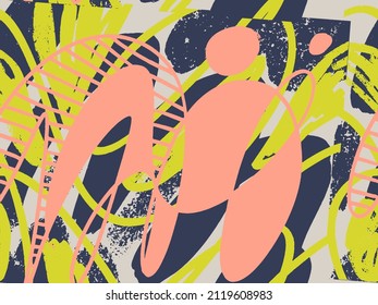 Seamless abstract doodle background pattern in bright summer positive colors. Hand-drawn abstract pattern with randomly arranged spots and dots and lines. Pencil and paint texture.