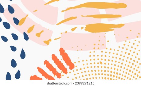 Seamless abstract doodle background pattern in bright summer positive colors. Hand-drawn abstract pattern with randomly arranged spots and dots and lines. Pencil and paint texture.