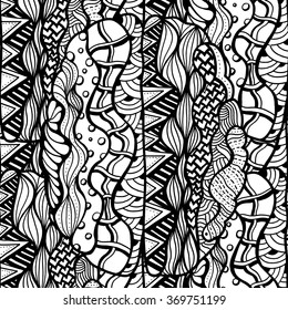 Seamless abstract doodle background pattern in vector.  Design Asian, ethnic, zentangle, tribal pattern. Black and white background. Coloring book. Monochrome.