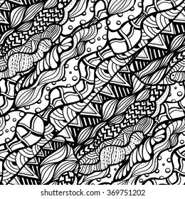 Seamless abstract doodle background pattern in vector.  Design Asian, ethnic, zentangle, tribal pattern. Black and white background. Coloring book. Monochrome.