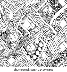 Seamless abstract doodle background  in vector with rhombuses. Black and white Coloring book. Hand drawn rhomb. Monochrome.