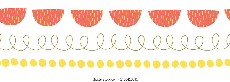 Seamless abstract doodle border vector illustration. Repeating childish pattern hand drawn. Ribbon trim. Repeating twirls, dots, semi circles. For kids fabric, cards, flyer, children decor, banner