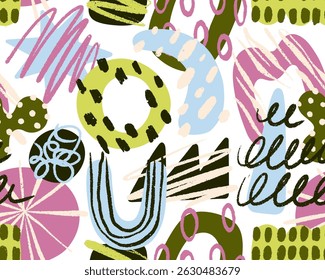 Seamless abstract doodle pattern. Hand-drawn scribbles, organic geometric shapes, dots, endless background. Modern texture in funky style, for textile, wallpaper, wrapping. Flat vector illustration
