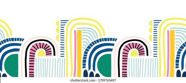 El doodle abstracto sin inconvenientes forma el borde vectorial. Formas de collage geométrico y doodles repitiendo el patrón azul color amarillo rosa negro sobre blanco. Arte de línea moderna para pies de página, decoración infantil, guarnecido de tela, tarjeta