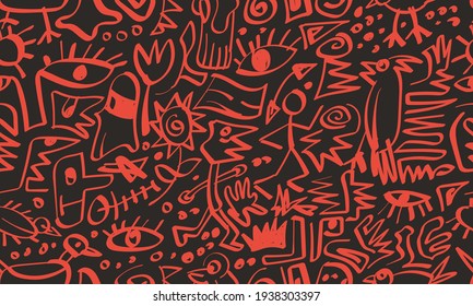 Seamless abstract doodles pattern on dark background, vector illustration.