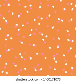 Seamless abstract dots pattern with white and pink dots on orange background. Easily change colors.