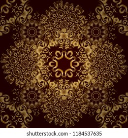 Seamless abstract elements in golden colors on brown background. Orient background with golden repeating elements. Damask vector classic golden pattern.
