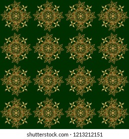Seamless abstract elements in golden colors on green background. Orient background with golden repeating elements. Damask vector classic golden pattern.