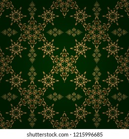 Seamless abstract elements in golden colors on green background. Orient background with golden repeating elements. Damask vector classic golden pattern.