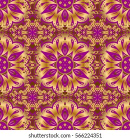 Seamless abstract elements in golden colors on purple background. Orient background with golden repeating elements. Damask vector classic golden pattern.