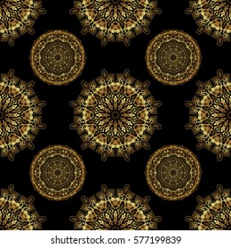 Seamless abstract elements in golden colors on black background. Orient background with golden repeating elements. Damask vector classic golden pattern.