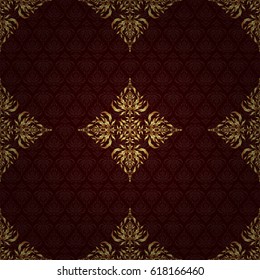 Seamless abstract elements in golden colors on brown background. Orient background with golden repeating elements. Damask vector classic golden pattern.