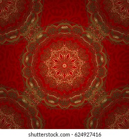 Seamless abstract elements in golden colors on red background. Orient background with golden repeating elements. Damask vector classic golden pattern.
