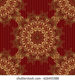 Seamless abstract elements in golden colors on red background. Orient background with golden repeating elements. Damask vector classic golden pattern.