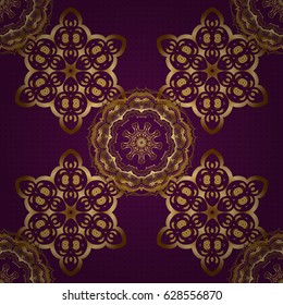 Seamless abstract elements in golden colors on purple background. Orient background with golden repeating elements. Damask vector classic golden pattern.