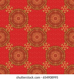 Seamless abstract elements in golden colors on red background. Orient background with golden repeating elements. Damask vector classic golden pattern.