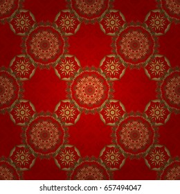 Seamless abstract elements in golden colors on red background. Orient background with golden repeating elements. Damask vector classic golden pattern.