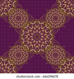 Seamless abstract elements in golden colors on purple background. Orient background with golden repeating elements. Damask vector classic golden pattern.