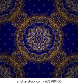 Seamless abstract elements in golden colors on blue background. Orient background with golden repeating elements. Damask vector classic golden pattern.