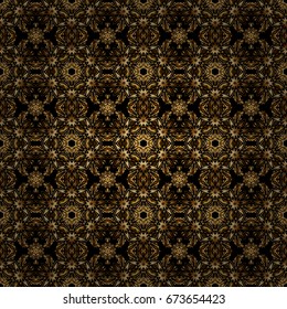 Seamless abstract elements in golden colors on black background. Orient background with golden repeating elements. Damask vector classic golden pattern.