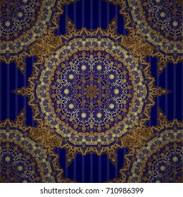 Seamless abstract elements in golden colors on blue background. Orient background with golden repeating elements. Damask vector classic golden pattern.