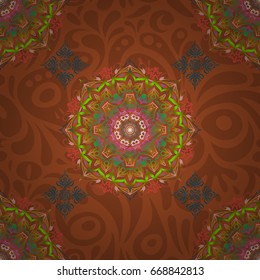 Seamless abstract elements in green, pink and orange colors. Orient background with multicolored repeating elements. Damask vector classic pattern.