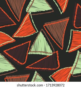 Seamless abstract embroidery style shapes pattern triangular repeat endless background cover texture for textile, clothing, linens, wallpapers, wrapping paper, curtains, carpets, fabric prints