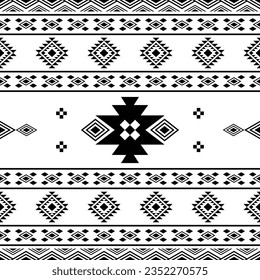 Diseño de patrones étnicos abstractos e impecables para el tejido y la moda impresos. Ilustración geométrica tribal azteca. Colores en blanco y negro.