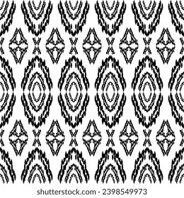 Nahtlose abstrakte ethnische Muster mit ikat-Stil. Orientalische Stammesgrafik. Schwarz-Weiß-Farben. Design für Textilien, Gewebe, Kleidung, Vorhang, Teppich, Ornament, Tapete, Hintergrund, Papier.