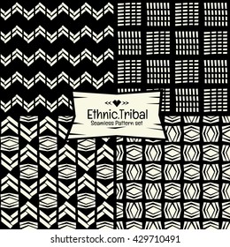 Seamless Abstract ethnic vector pattern in monochrome background.Tribal pattern collection.4 pattern set