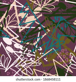 Seamless abstract exotic pattern with curved grunge lines and leaves