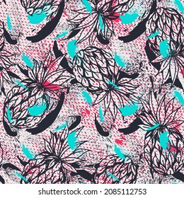 Seamless abstract exotic pattern with grunge spots and pineaples