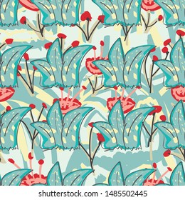Seamless abstract exotic pattern with plants and flower in artistic background. Can use for print, template, fabric, presentation, textile, banner, poster, wallpaper, poster