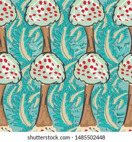 Seamless abstract exotic pattern with plants and flower in artistic background. Can use for print, template, fabric, presentation, textile, banner, poster, wallpaper, poster