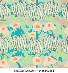 Seamless abstract exotic pattern with plants and flower in artistic background. Can use for print, template, fabric, presentation, textile, banner, poster, wallpaper, poster