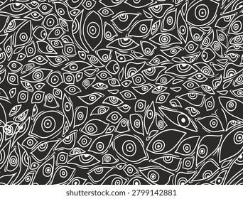 Seamless abstract eye pattern featuring hand drawn decorative motifs in monochrome style, suitable for sublimation printing, textiles, wallpapers, apparel graphics, and surface design.