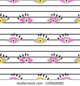 Seamless abstract eye pattern on striped white vector background.