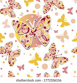 Seamless abstract fantasy butterfly pattern. Color vector stock illustration in doodle art style for wrapping paper, textile or fabric print, invitation and greeting cards, web design or apps