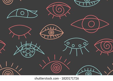 Seamless abstract fashion pattern with line eyes. Trendy black background with female eyes for print, textile, fabric. Vector illustration
