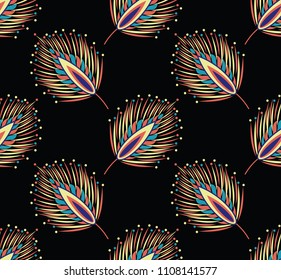 Seamless abstract feather pattern on black background